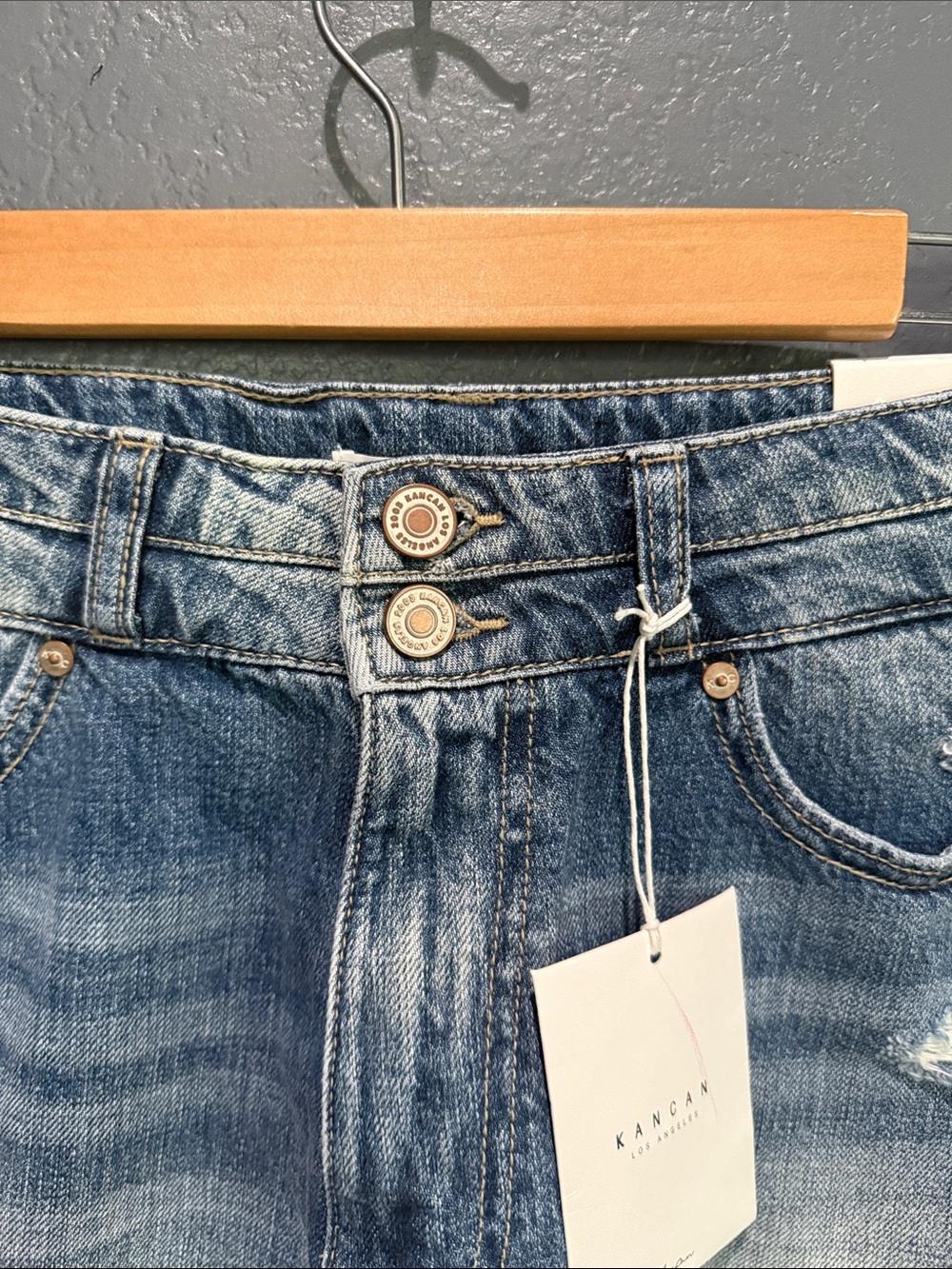 NWT KANCAN Denim Distressed Frayed Hem Blue Shorts Sz L - Picture 5 of 13